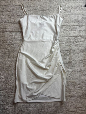 Windsor White Satin Ruched Spaghetti Strap Dress Hoco
